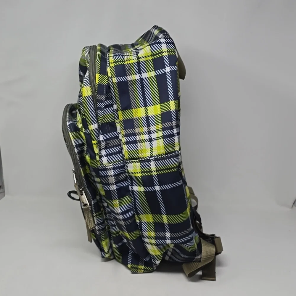 L.L. Bean Plaid Blue Green 4 zippers 18x16” Unisex Backpack